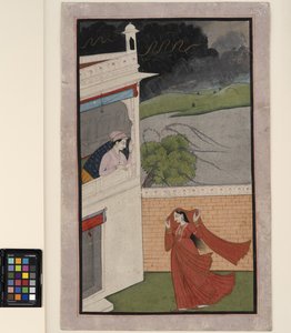 Bir bayan bir yağmur fırtınasında sevgilisinin evine gelir, c.1830 (kağıt üzerinde opak ve altın sarısı)