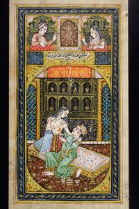 Bir adam lüks bir ortamda bir kadına kur yapıyor, Rajasthani minyatür tablosu by Indian School