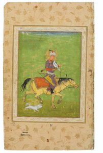 Bir şahinle at sırtında avlanan Iraj resmi, Hindistan, Babür Dönemi, 16. yüzyılın sonu (opak pigmentler ve wasli üzerinde altın) by Indian School