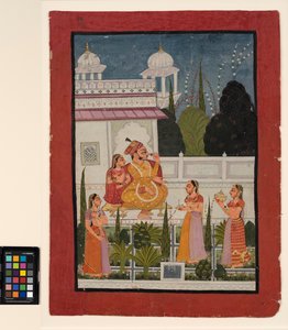 Üç kadının katıldığı ranisiyle terasta bir raja, 18. yüzyılın sonlarında (kağıt üzerinde opak suluboya) by Indian School