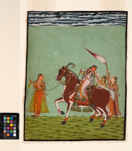 Üç görevli ile at sırtında bir kadın, c.1735 (kağıt üzerinde opak suluboya) by Indian School