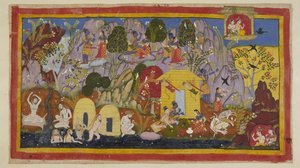 Ekle 15296 (1) f.111r, Bu arada, Citrakuta dağında meskenlerindeki sürgünlerle her şey barış içinde. Rama güzelliklerine dikkat çekiyor Sita - çok sayıda güzel ağaç ve kuş çeşidi, değerli taşlar ve minerallerle renklendirilmiş kayalar ve Manda kina nehri. by Indian School