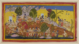 Ekle 15296 (1) f.114r, Ortada en üstte, Bharata ve Shatrughna kendilerini küçük erkek kardeşlerini kucaklayan ve Sitaeir başlarını koklayan Rama