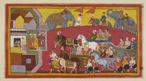 Ekle 15296 (1) f.128r, Vasistha ve prenslerin savaş arabaları, çeşitli bakanlar ve insanlar tarafından Nandigrama kasabasına girer. by Indian School
