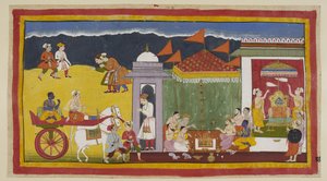 Ekle 15296 (1) f.30r, Sumantra, arabasında Rama ile sarayın girişine gelir ve kasaba halkı onları selamlamak için eğilir. Saray duvarlarına girdikten sonra Rama, panda l altında Brahmanlarla birlikte kutsal ateşe sunulan adaklara katılır. by Indian School