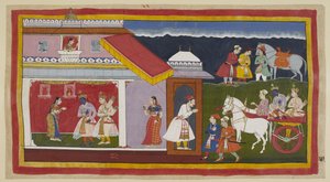 Ekle 15296 (1) f.41r, Sonunda annesini ve erkek kardeşini sakince kaderini kabul etmeye ikna ettikten sonra, Rama ve Laksmana arabadaki kendi saraylarına dönerler, Rama