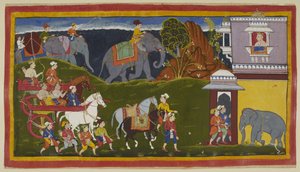Ekle 15296 (1) f.4r, Bharata, Shatrughna ve amcaları, uşaklar ve iki liderliğindeki binici atlarla birlikte, ufuk çizgisinin ötesinde yüklü fillerle, onları bekleyen Bharata