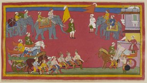 Ekle 15296 (1) f.5r, İki prens ve amcaları savaş arabalarından indiler ve kralı selamlamak için soldan ilerlediler. Arabasıyla sağdan saraydan çıkar ve onları sevgiyle selamlamak için eğilir. Filler arka planda by Indian School