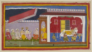 15296 (1) f.76r ekleyin, Dasaratha odasında yatağında uzanır, iki kraliçe onun yanında oturur, üçü de birbirlerini teselli etmeye çalışırken sohbet eder gibi olurlar. Odanın dışında Brahmanlar ve bakanlar Sumantra ile konuşuyorlar. BT by Indian School