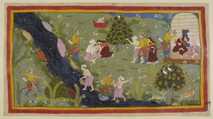 15296 (1) f.79r ekleyin, Dasaratha kraliçelere gençliğinde avlanırken yanlışlıkla bir bilgenin oğlunu öldürdüğü olayı anlatır. Solda, Dasaratha yanlışlıkla yayını ağaçların arasından, diğer tarafta su sürahisini dolduran gence doğrultuyor. by Indian School