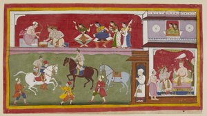 Ekle 15296 (1) f.7r, Sarayda sağda, prensler kraldan din, sanat ve bilim öğretmenleri isterken, yukarıda halı kaplı bir jharokha penceresindeki iki hanımefendi pratik yaparken sol tarafta onlara yukarıdan bakar egzersiz alanında binicilik. by Indian School