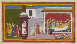 Ekle 15296 (1) f.80r, Ozanlar, müzisyenler ve dansçılar sabah onu uyandırmak için kralın odasının kapısına gelirler, bu sırada içeride bir grup kadın onu uykusundan uyandırmaya ve ölü olduğunu keşfetmeye çalışır. Kausalya ve Sumitra, yorgunluktan tükendile by Indian School