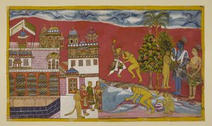 Ekle 15296 (2) f.16r, Kiskindha sarayının dışına geri dönün by Indian School