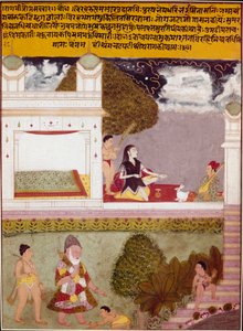 Bir ascete, 1760 dolaylarında bir Hint okulunun Minyatür sarayının terasında müzik dinliyor. by Indian School