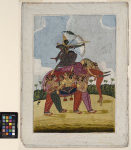 Dans eden kadınlardan oluşan bir fil, bir okçu için binek görevi görür, c.1825 (kağıt üzerinde opak suluboya ve altın rengi) by Indian School