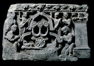 Gandhara Sanatı (veya Greko-Budizm): “” Buda duada”” mucize Sravasti (Shravasti veya Savatthi) (Dua Eden Buda, Sravasti mucizesi) Gandhara Okulu Rölyefi - 2. ila 4. yüzyıl - Hint Müzesi, Kalküta Hindistan by Indian School