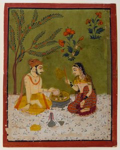Bir ağacın altında oturan çift, c.1700 (kağıt üzerinde wc ve altın) by Indian School