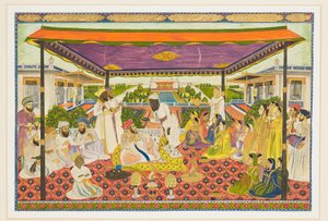 Panoramik saray ve bahçe arka planına sahip mahkeme sahnesi by Indian School