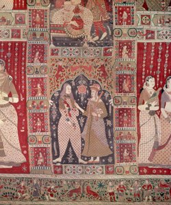 Avrupa figürleriyle süslenmiş bir duvar asma detayı (boyalı pamuk) by Indian School