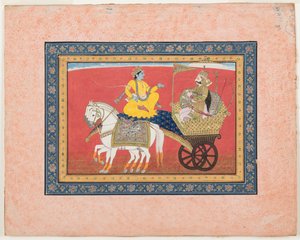 Kurukshetra savaş alanında Krishna ve Arjuna arasındaki diyalog, c.1820 (kağıt üzerinde opak suluboya ve altın rengi) by Indian School