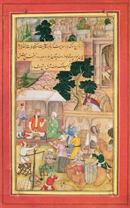 İmparator Babür (r.1526-30) yaşlı bir adamla sohbet ederken, 15-17.yy by Indian School