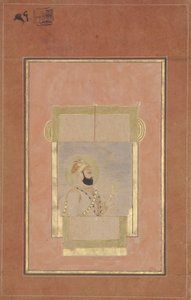 Farrukh Siyyar bir pencerede oturuyor, elinde altın bir sarpech, c.1715 (kağıt üzerinde opak wc ve altın) by Indian School