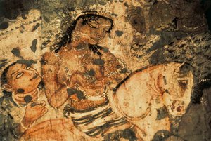 At sırtında kadın figürü, Ajanta mağaralarında duvar resmi (1 numara), Gupta dönemi, 5-6. yüzyıl (resim) by Indian School