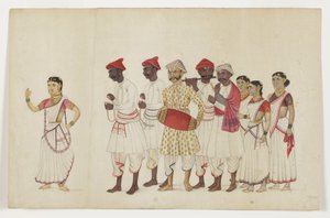 Müzisyenlerle birlikte törende dört kadın dansçı, c.1830 (kağıt üzerinde opak wc ve altın rengi) by Indian School