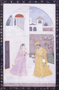 Krishna Bir Lotus Çiçeği Tutarak Ayakta Duruyor, Sevgilisi Pembe Sari İçinde, c. 1800 by Indian School