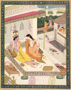 Krishna ve Radha bir Moğol sarayında bir yatakta, Pencap, c.1860 by Indian School