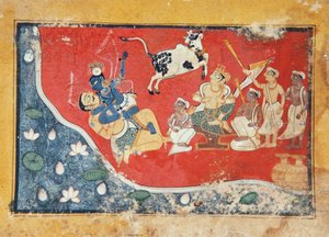 Krishna bir nehrin yanında bir iblisi yener, c.1560 (kağıt üzerinde opak wc) by Indian School