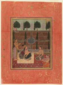 Terasta bayanlar, Babür Tarzı, c.1700-10 (altın benekli kağıt üzerine wc) by Indian School