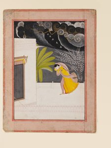 Terasta yağmurdan korunmak isteyen kadın, 19. yüzyılın başları (kağıt üzerine altınla guaj) by Indian School