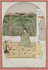 Nargile ile terasta bayan, 1770 dolayları (kağıt üzerine guaj ve altın) by Indian School