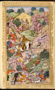 Ali Shang ve Alangar arasında, Kabil (Afganistan) bölgesinde İmparator Babur avı. Farsça el yazması Vaqi at i Baburi