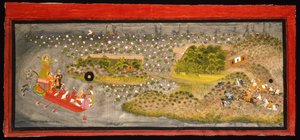Maharana Jagat Singh II şahinlik ve domuz avcılığı, c.1740 (kağıt üzerinde opak, gümüş ve altın, bir albüm sayfasına monte edilmiş) by Indian School