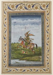 At üzerinde kanatlı bir figürün sahnesini betimleyen minyatür, muhtemelen Delhi okulu, Babür, Hint, 19. yüzyılın başları (suluboya ve kağıt üzerine yaldız)