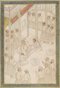Babür İmparatoru Ekber Holding Mahkemesi, Son Hastalığı Sırasında, 18. yüzyılın ortalarında (albüm yaprağı; cilalı kağıt üzerinde altın ile pigment) by Indian School