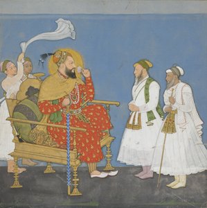 Muhammed Adil Şah II, saray mensupları ve görevlileri ile (kağıt üzerinde opak wc ve altın) by Indian School