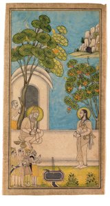 Bir Kutsal Adam Bir Başkasını Ziyarete Gelir, 1700-25 (kağıt üzerinde opak wc ve altın) by Indian School