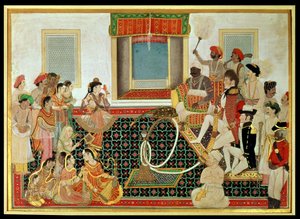 Prens Mahadaji Sindhia, bir İngiliz ordusu subayını ve bir deniz subayını son derece eğlendiriyor, c.1820 (kağıt üzerinde guaj) by Indian School