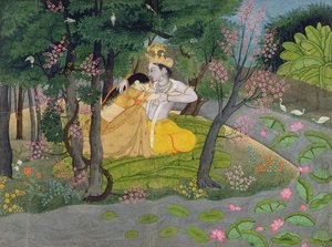 Radha ve Krishna çiçekli ağaçlardan oluşan bir koruda kucaklaşıyorlar, c.1780 (kağıt üzerinde wc)