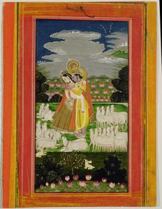 Radha ve Krishna ineklerle idealize edilmiş bir manzarada kucaklaşıyor, c.1780 (kağıt üzerinde opak tuvalet) by Indian School