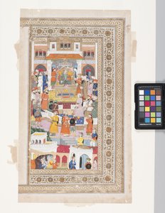 Raja With Courtiers (parşömen üzerine kalem, mürekkep, guaş ve altın varak) by Indian School