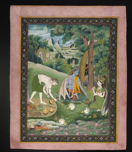 Rama, Lakshmana ve Sita Vahşi Doğada Yemek Pişirme ve Yeme, 1820 dolayları (kağıt üzerinde altın ile guaj) by Indian School