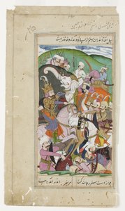 Rüstem, Çin Hakanını kement ediyor ve onu beyaz filinden çekiyor, c.1790 (opak suluboya ve altın) by Indian School