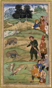 Salim, tüfeğini tutuyor, ölü bir nilgaiyi işaret ediyor, c.1600 (kağıt üzerinde opak wc ve altın rengi) by Indian School