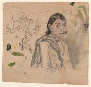 Bir gencin çalışması, c.1800 (kağıt üzerinde mürekkep ve açık renk) by Indian School