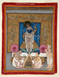 The Adoration of Krishna as Shrinath ji, 1800-25 (kağıt üzerinde opak wc ve altın) by Indian School