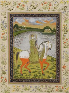İmparator Muhammed Şah, atlı, av alanında, c.1750 (kağıt üzerinde opak wc ve altın) by Indian School